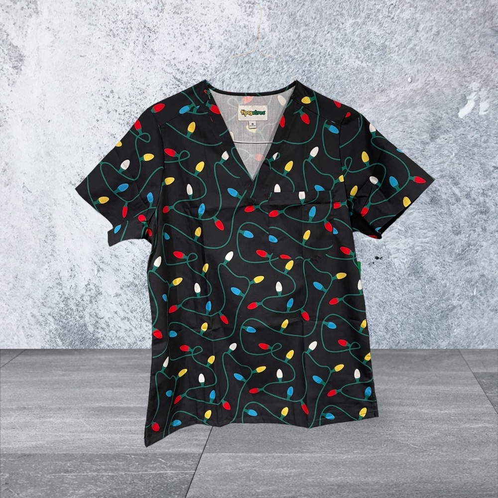 Tipsy Elves String Of Light Bulbs Scrub Top. NWT